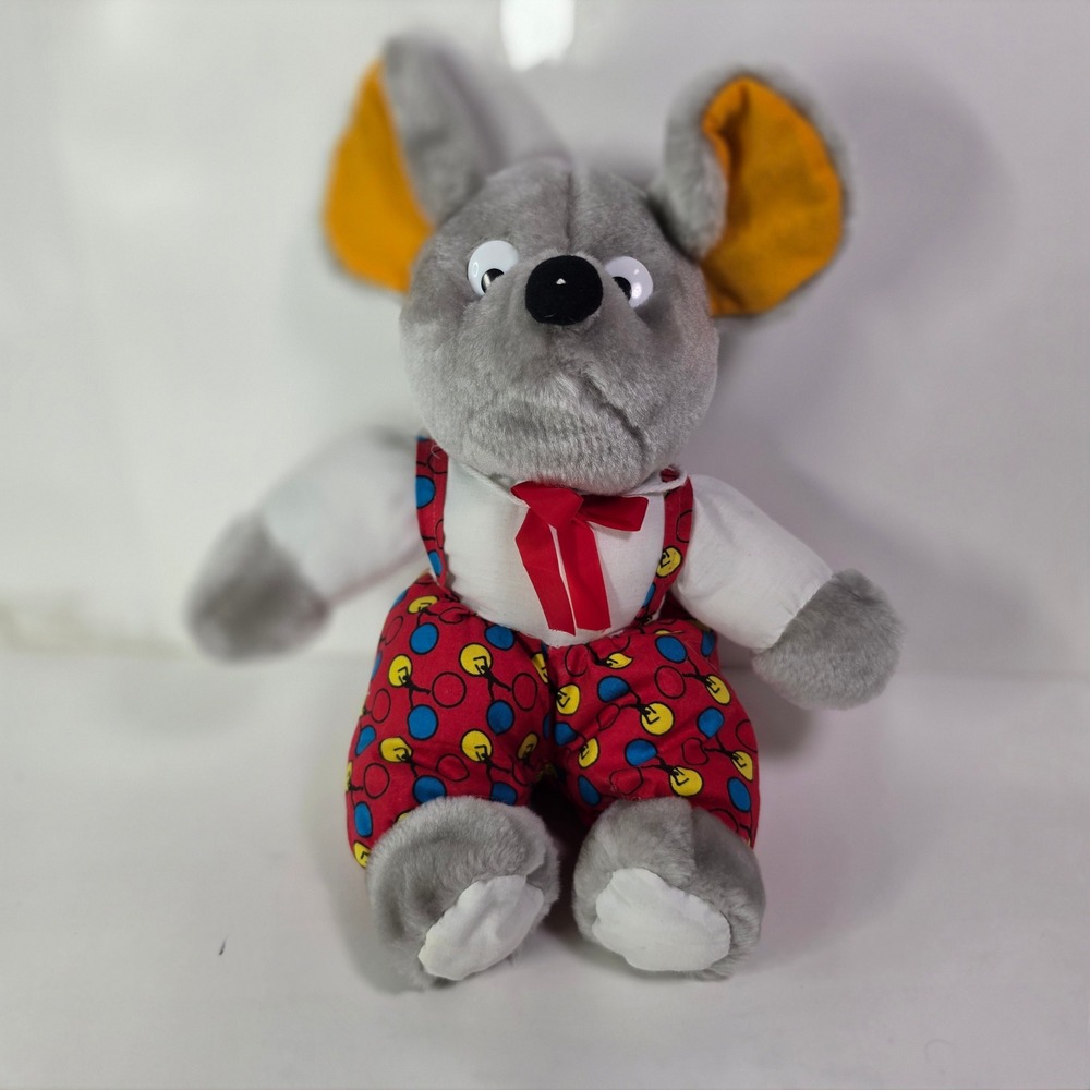Vintage Moray Toys Mouse Plush 12" Gray Stuffed Animal Red Overalls Googly Eyes